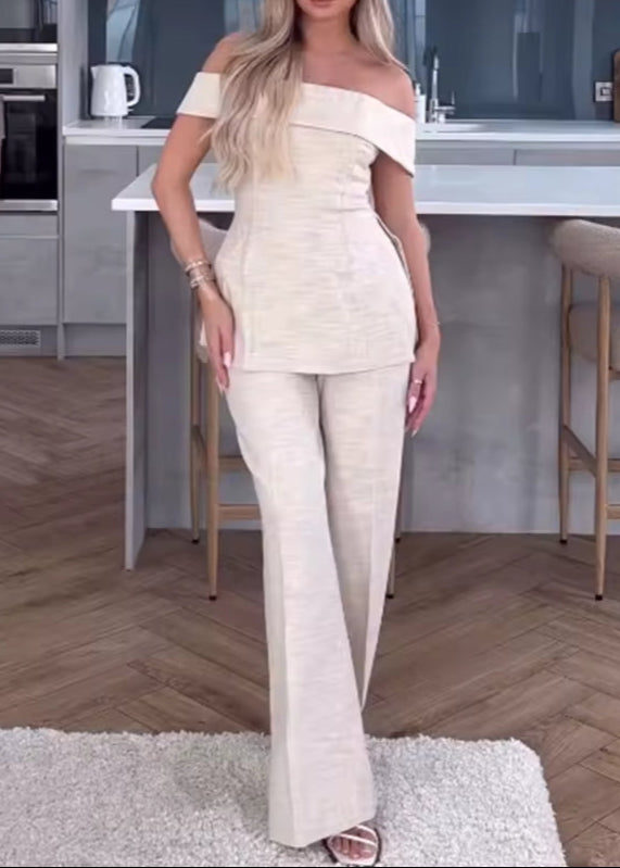 Sienna Beige High-Waist Straight-Leg Pants LAPANIA