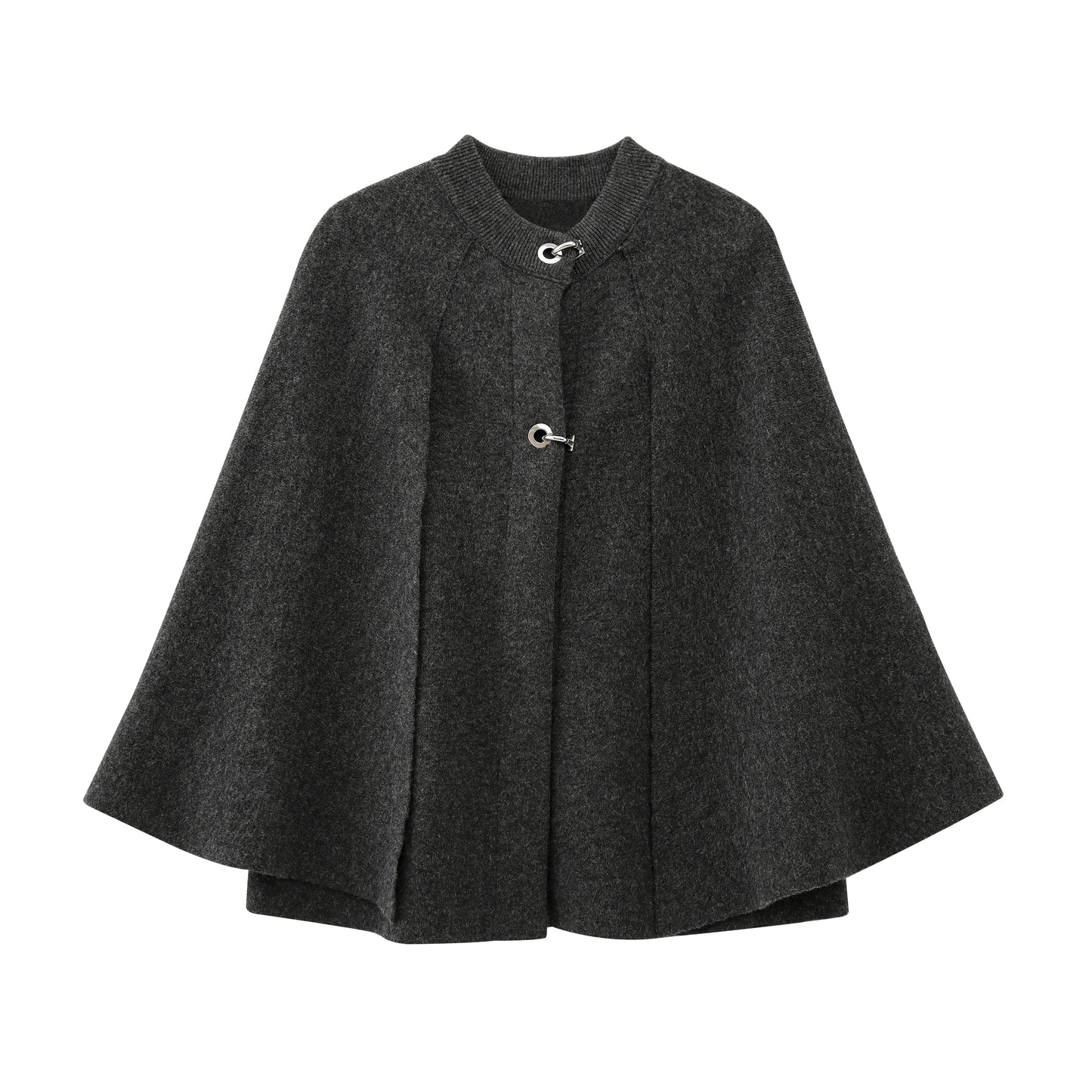 Dark gray cape with button details on a white background