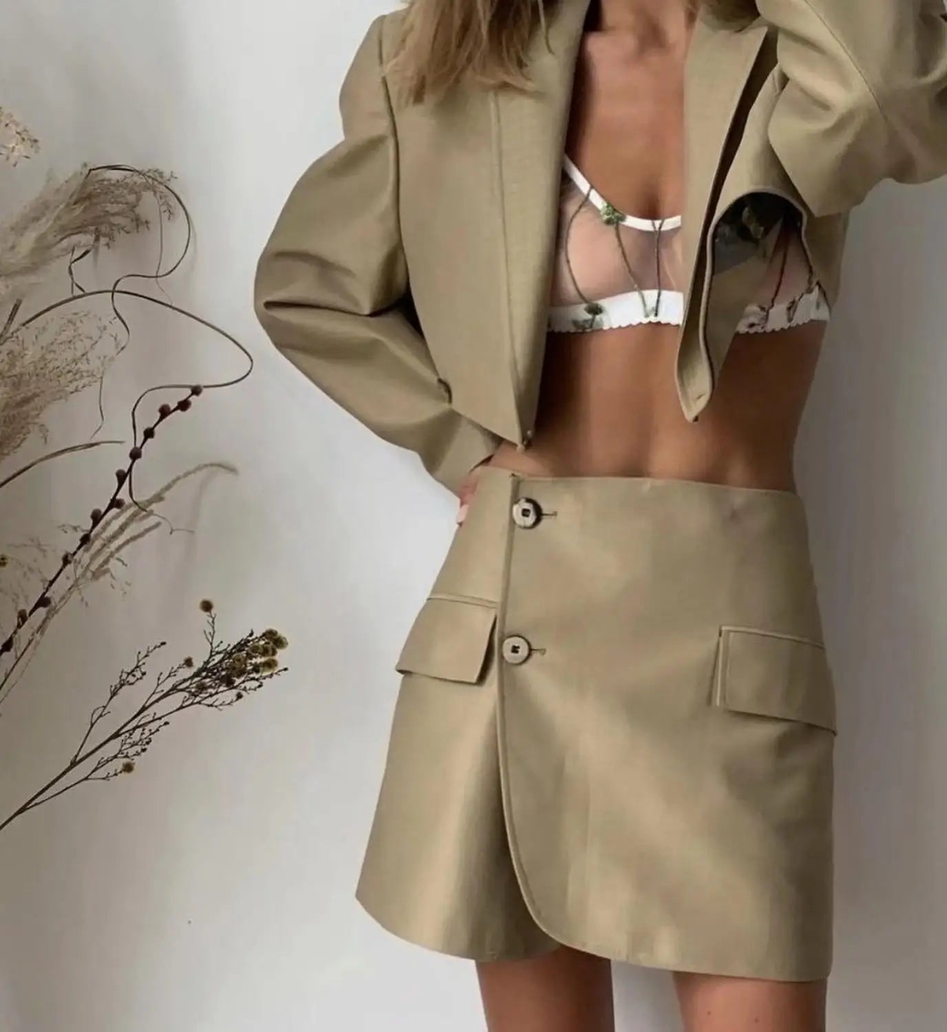One Button Cropped Blazer & High-Waisted Mini Skirt Set LAPANIA