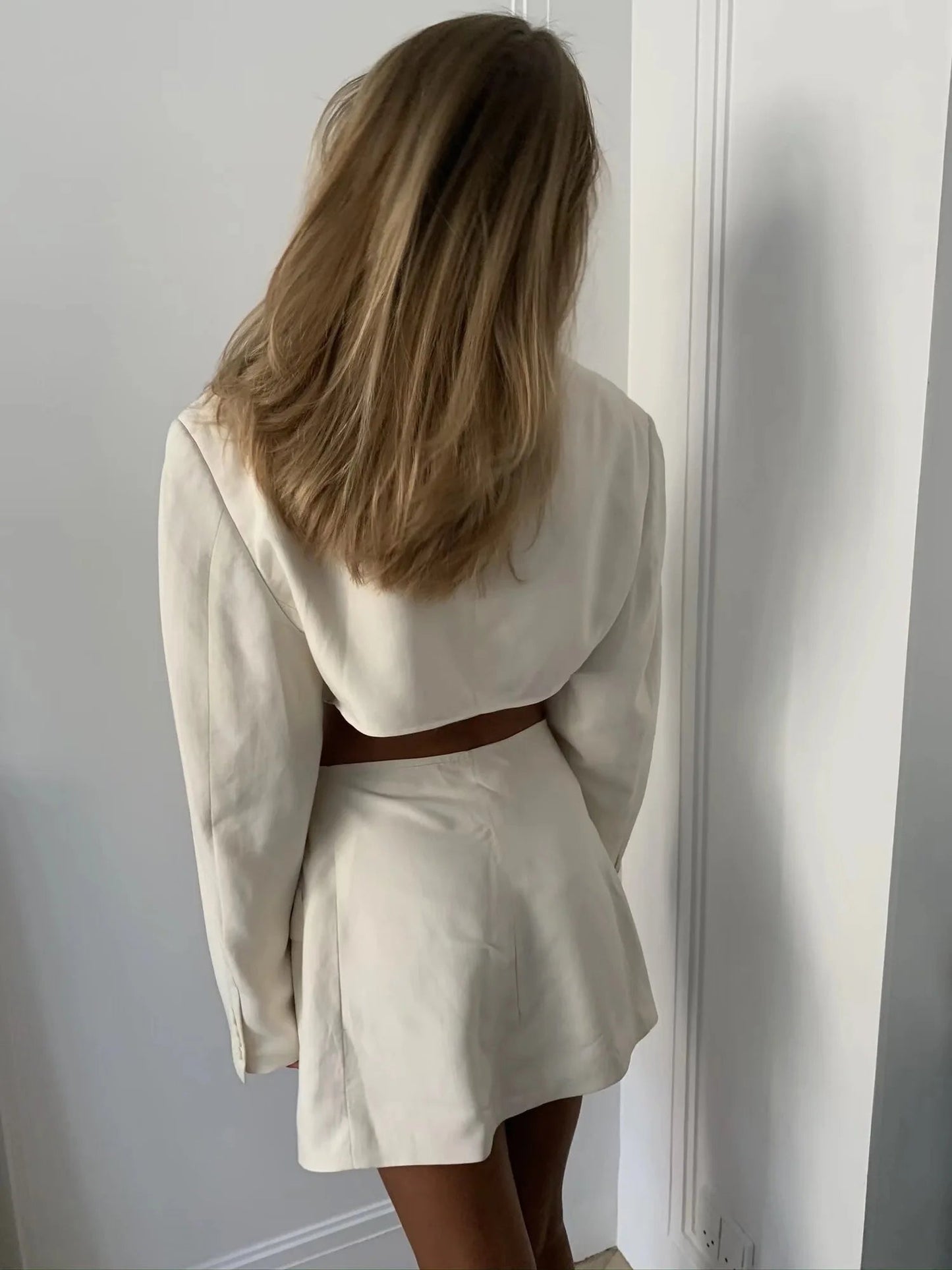 One Button Cropped Blazer & High-Waisted Mini Skirt Set LAPANIA