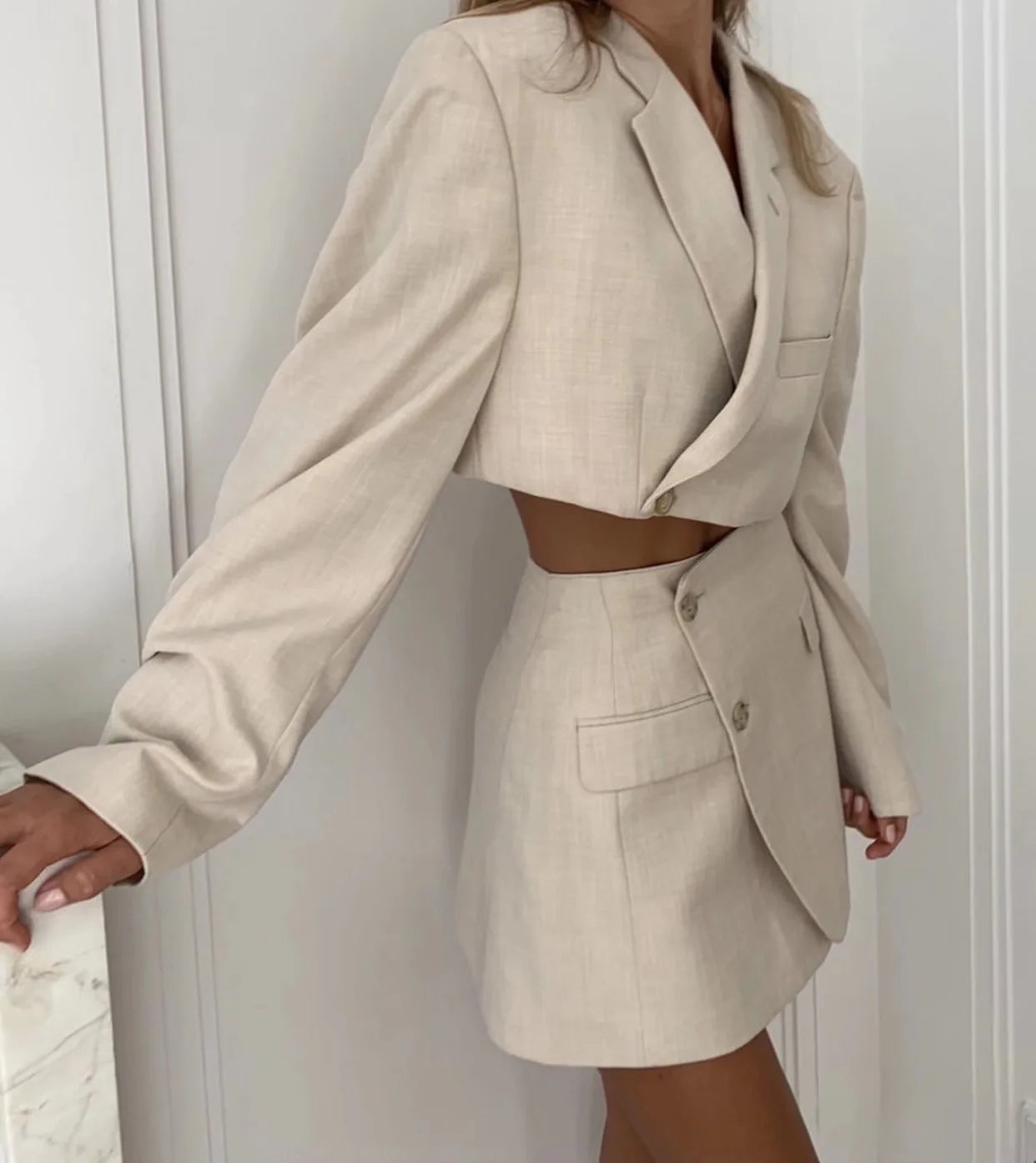 One Button Cropped Blazer & High-Waisted Mini Skirt Set LAPANIA