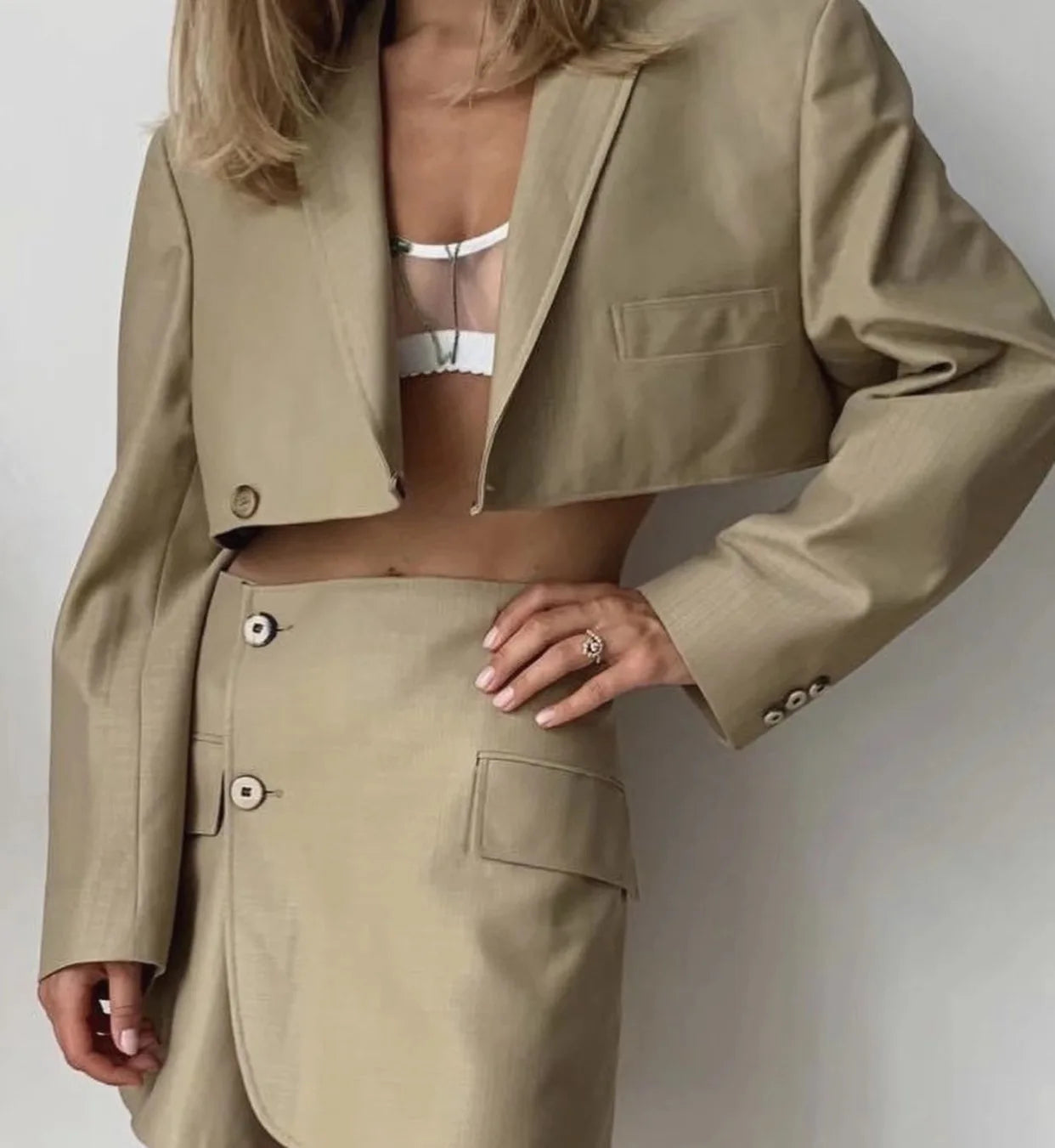 One Button Cropped Blazer & High-Waisted Mini Skirt Set LAPANIA