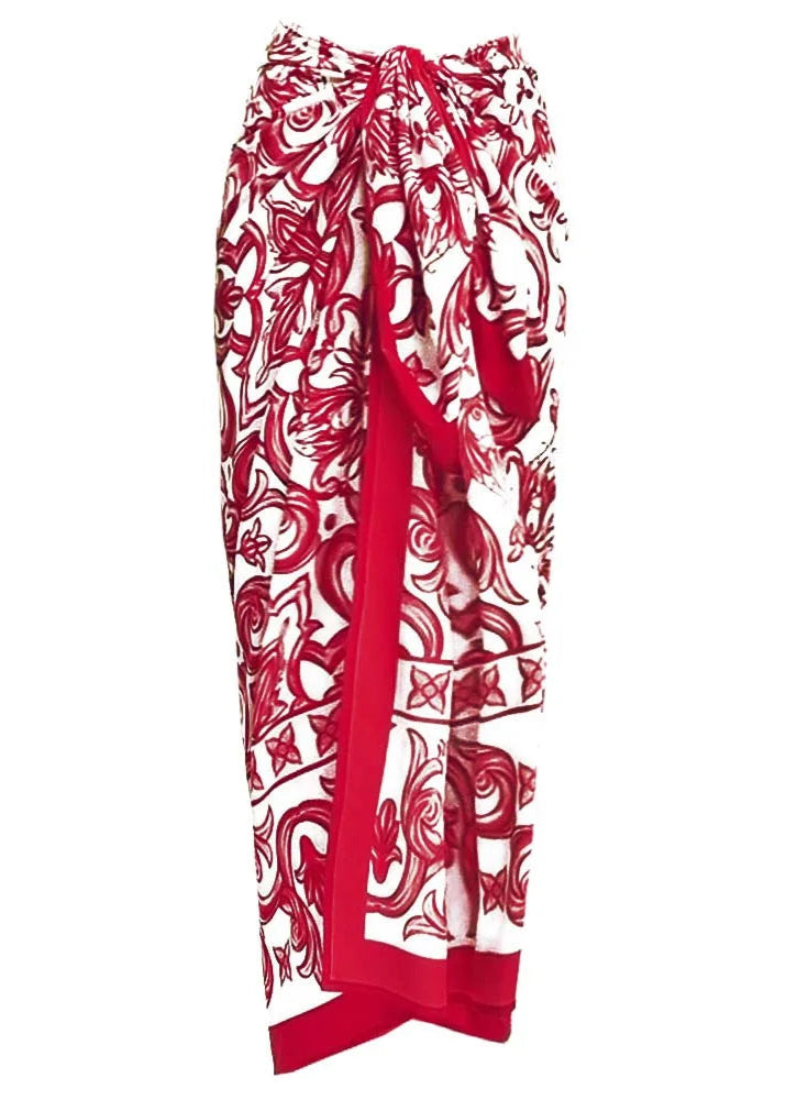 Red and white patterned scarf on a white background