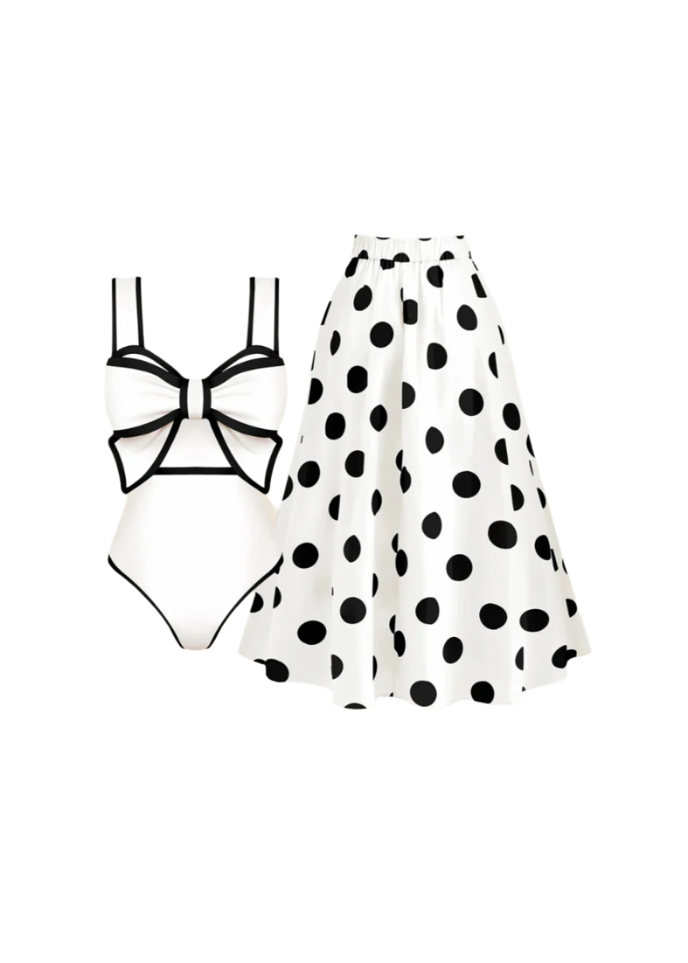 Black and white polka dot skirt with a matching black and white bow design on a beige background
