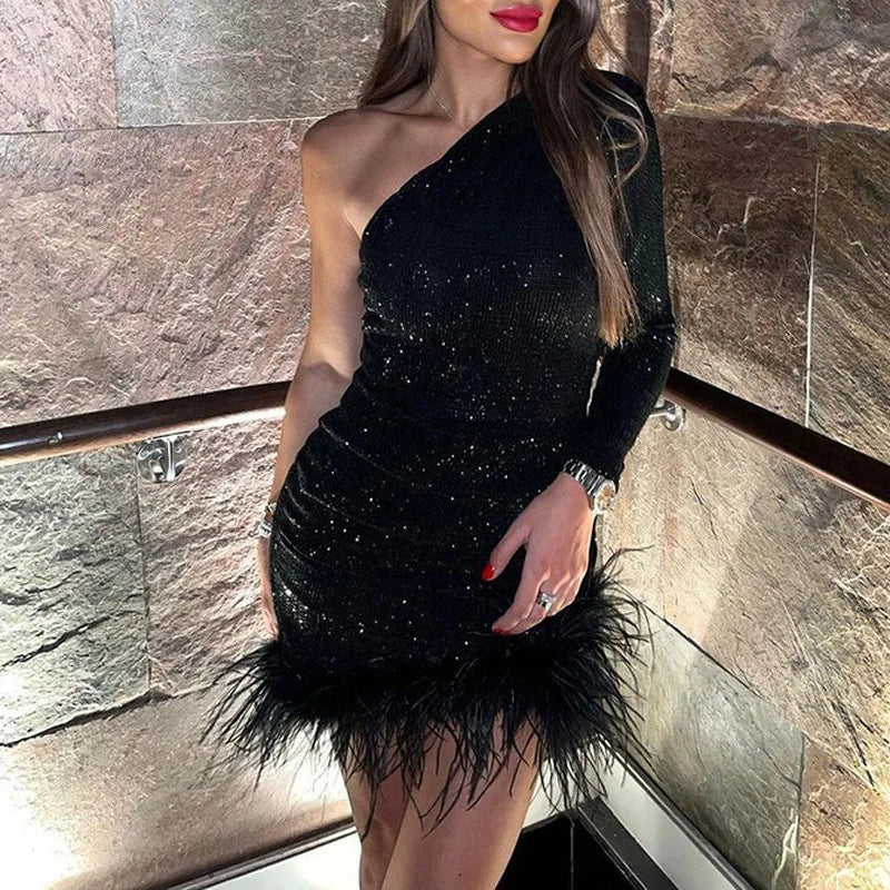 Feather Patchwork Sequin Dress LAPANIA