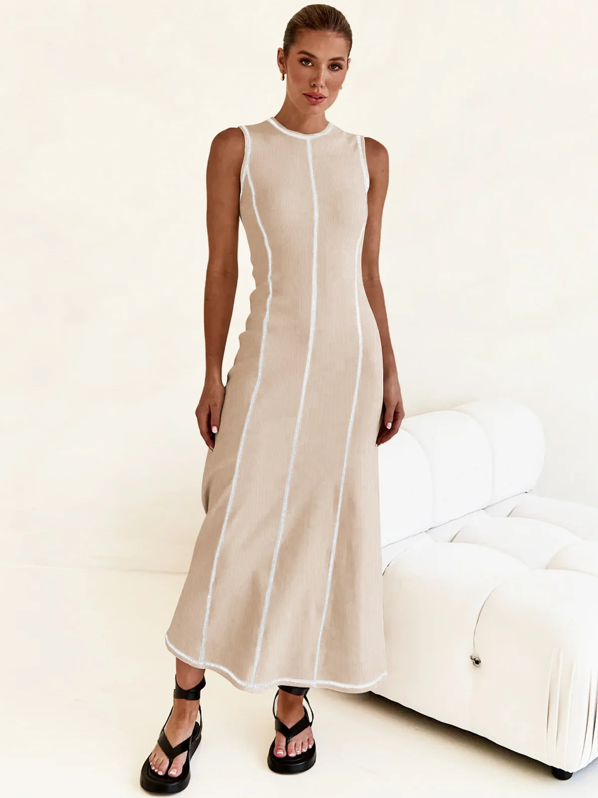 Sleeveless Contrast Ribbed Knit Maxi Dress LAPANIA