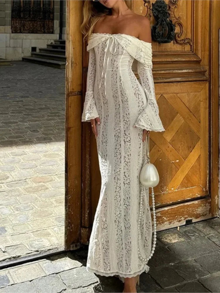 Off-Shoulder White Lace Maxi Dress