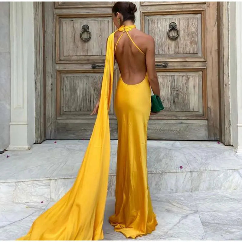 Solid Ribbon Halter Maxi Dress LAPANIA