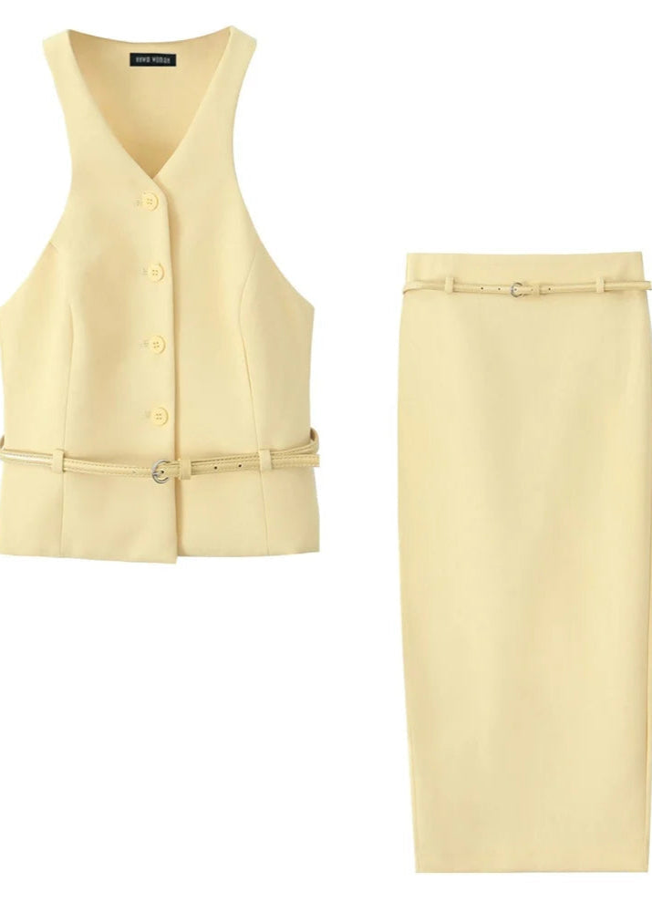 Yellow set belted vest and midi skirt LAPANIA