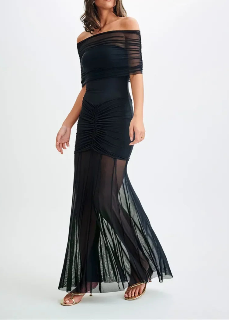 Off-Shoulder Mesh Maxi Dress LAPANIA