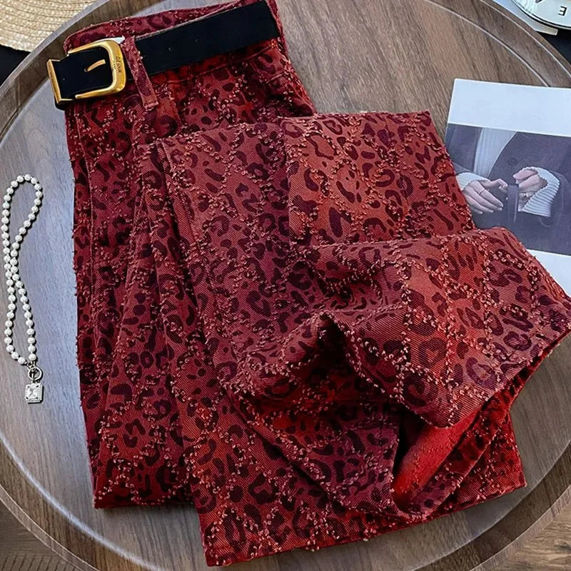Burgundy Leopard Print Wide-Leg Jeans LAPANIA