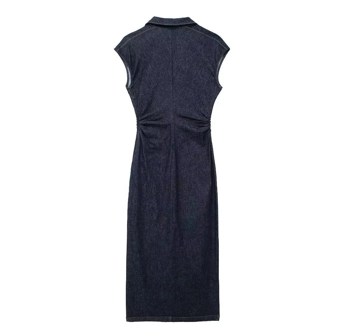 Sleeveless Button-Down Denim Midi Dress LAPANIA