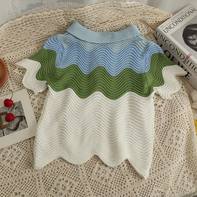 Wavy Contrast Knit T-Shirt LAPANIA