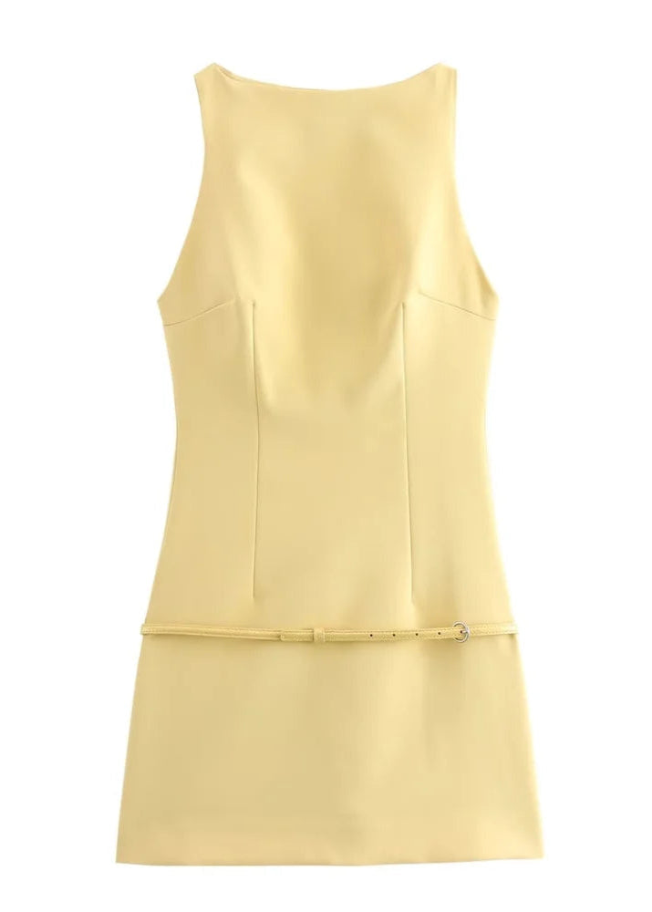 Yellow Waistband Sleeveless Mini Dress LAPANIA