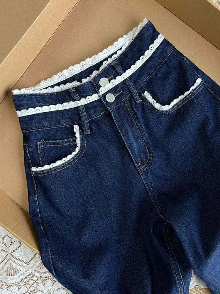 Lace-Spliced Wide Leg Jeans LAPANIA