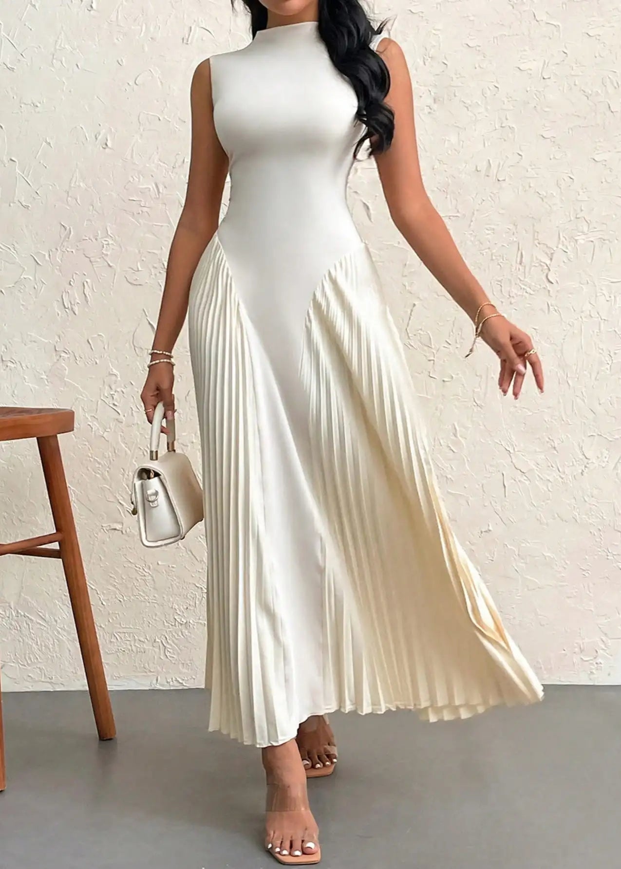 Cream White Pleated Waist Maxi Dress LAPANIA