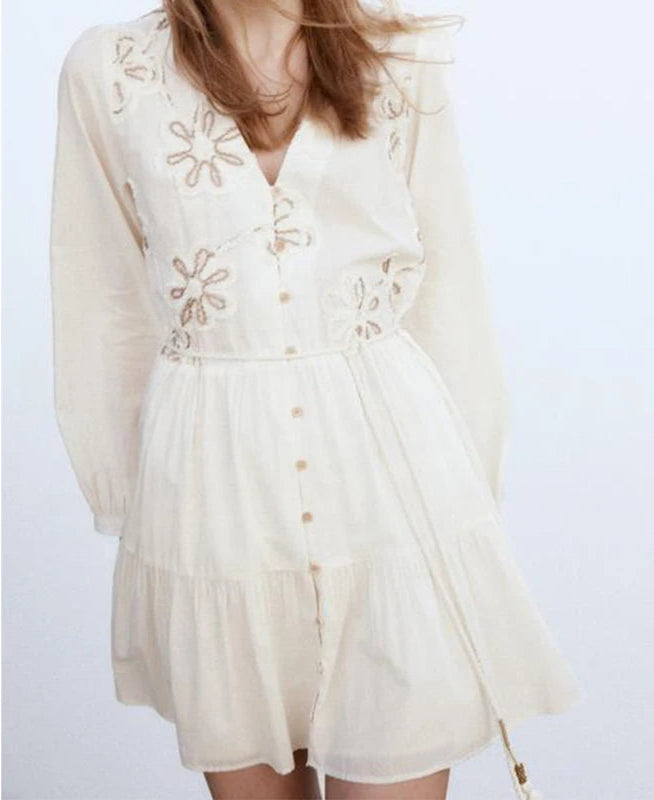 Floral Embroidery Belted Mini Dress LAPANIA