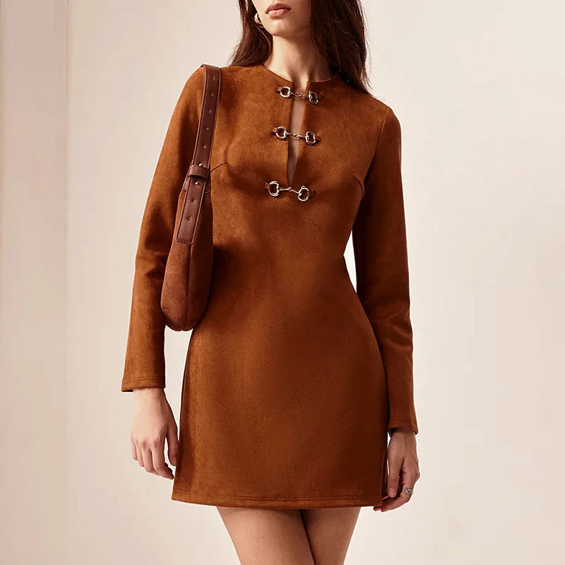 Elegant Hollow Out Button Mini Dress