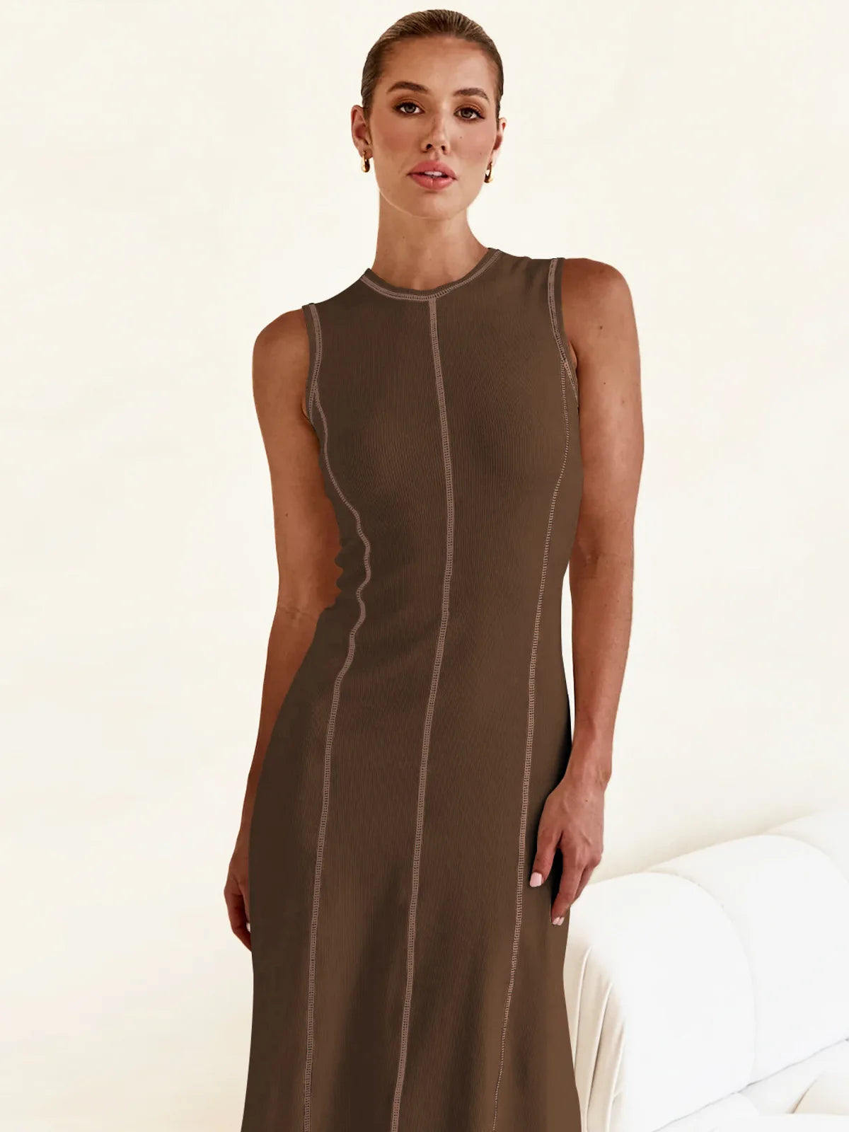 Sleeveless Contrast Ribbed Knit Maxi Dress LAPANIA