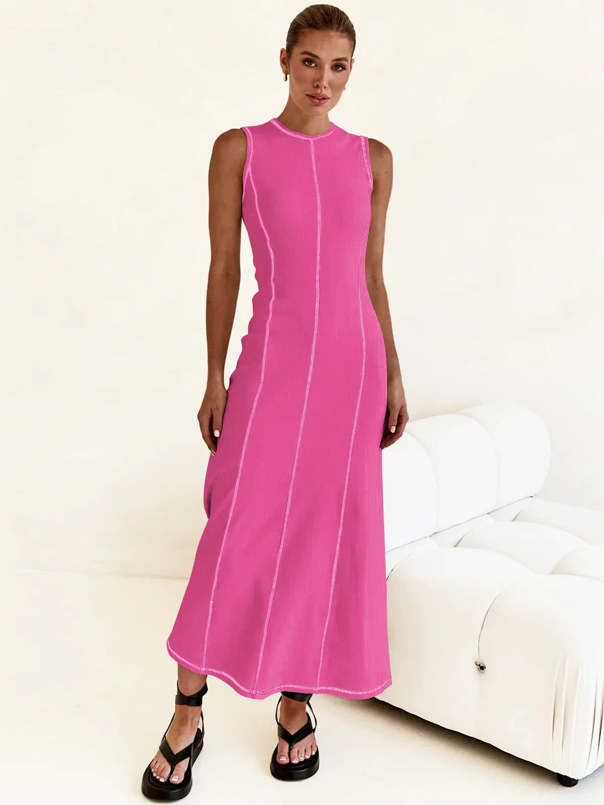 Sleeveless Contrast Ribbed Knit Maxi Dress LAPANIA