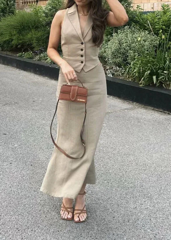 Khaki Sleeveless Vest and High-Waist Midi Skirt Set LAPANIA