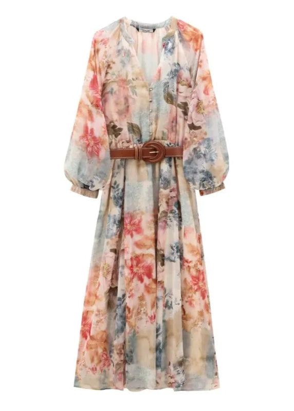 Print Long Sleeve Midi Dress with Belt LAPANIA