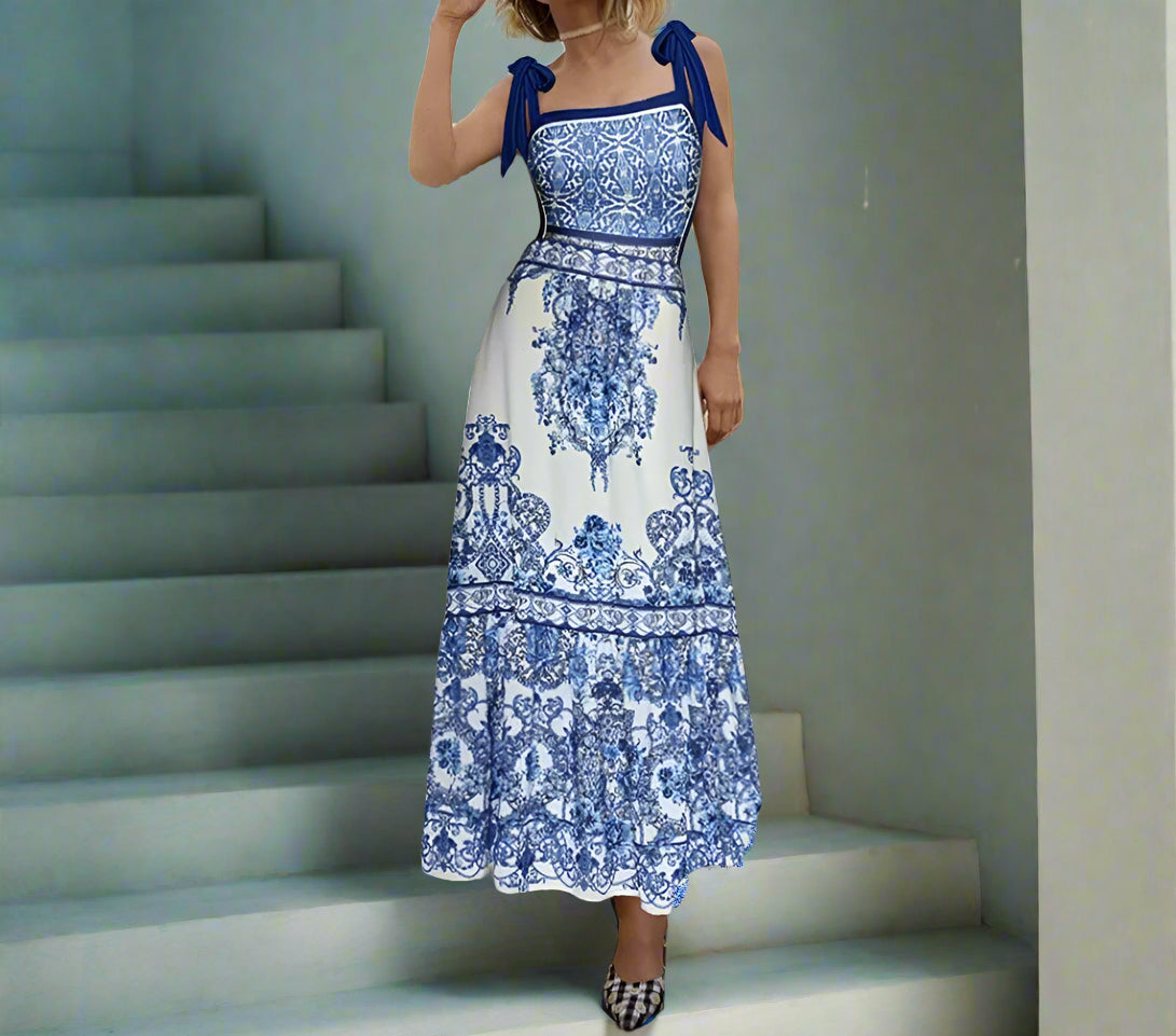 Woman in a blue and white patterned dress standing on a staircase.