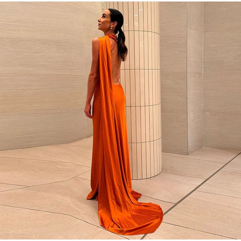 Solid Ribbon Halter Maxi Dress LAPANIA