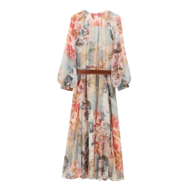 Print Long Sleeve Midi Dress with Belt LAPANIA
