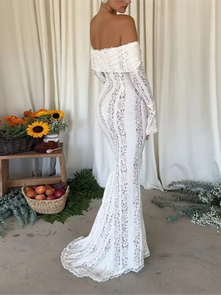 Off-Shoulder White Lace Maxi Dress