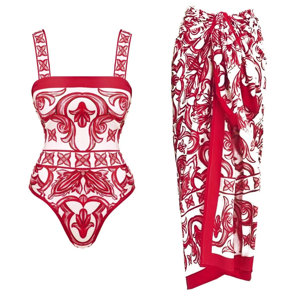 Tile Print Cover-Up Skirt – Red