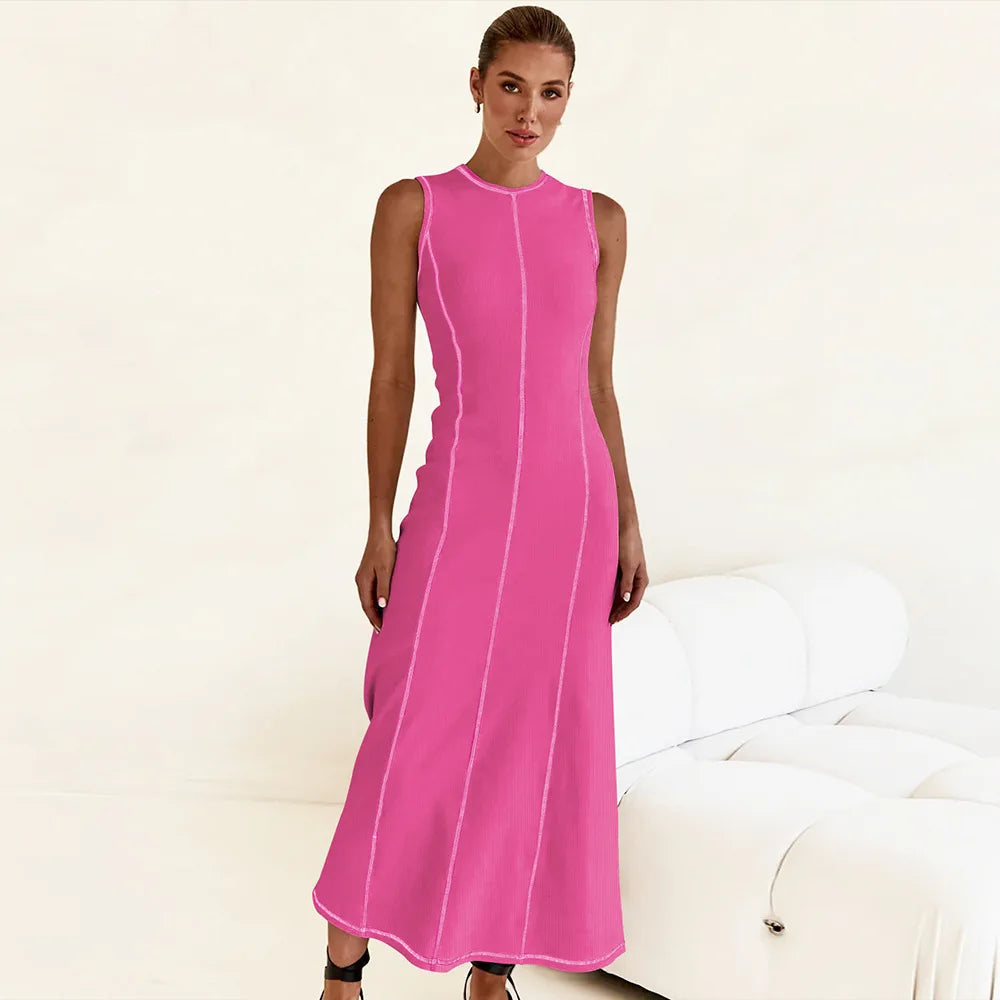 Sleeveless Contrast Ribbed Knit Maxi Dress LAPANIA