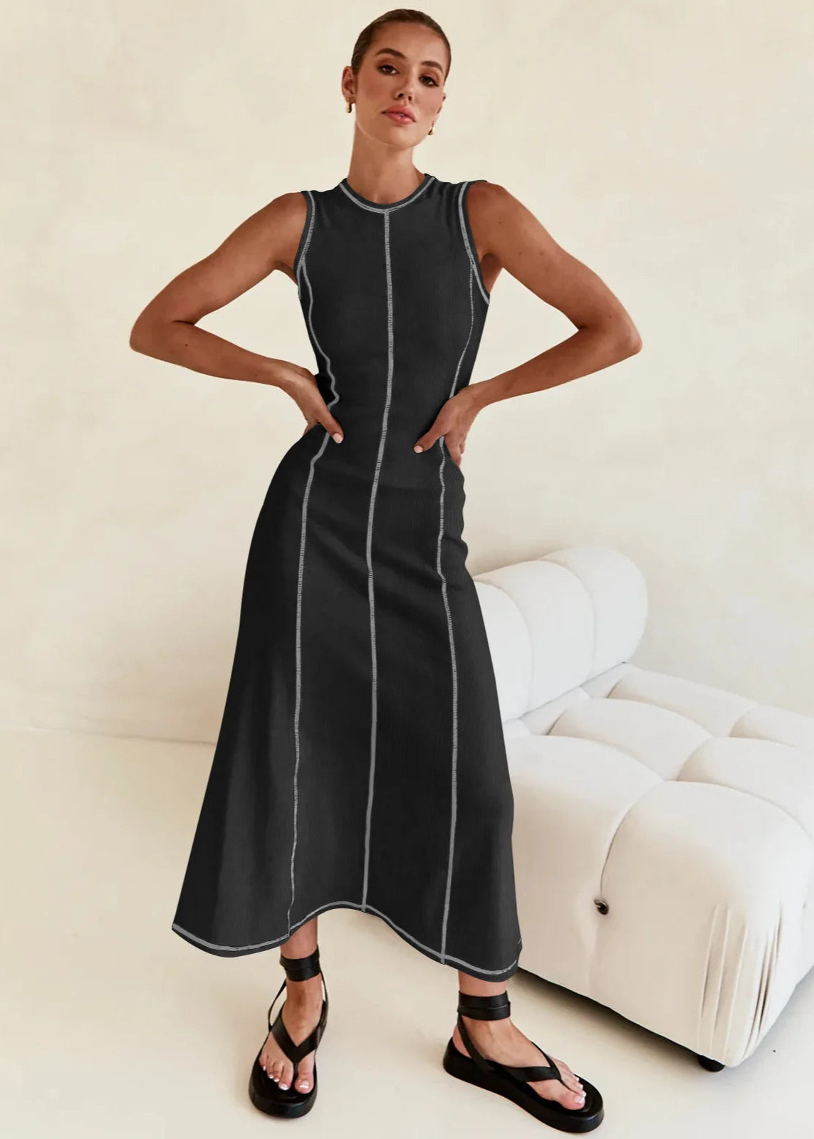 Sleeveless Contrast Ribbed Knit Maxi Dress LAPANIA
