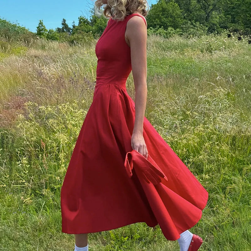 Red Pleated Long Dress with Wide Neckline LAPANIA