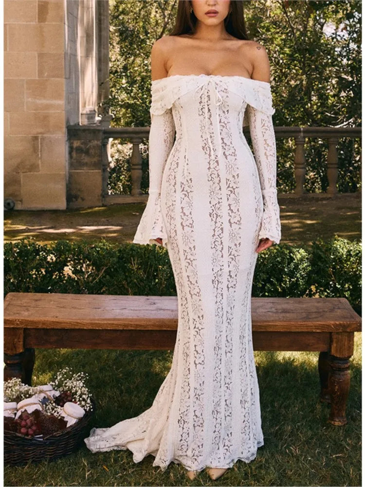 Off-Shoulder White Lace Maxi Dress