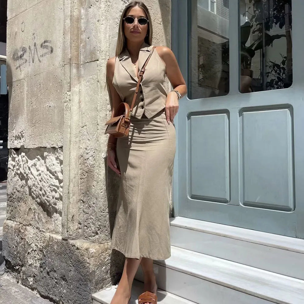 Khaki Sleeveless Vest and High-Waist Midi Skirt Set LAPANIA