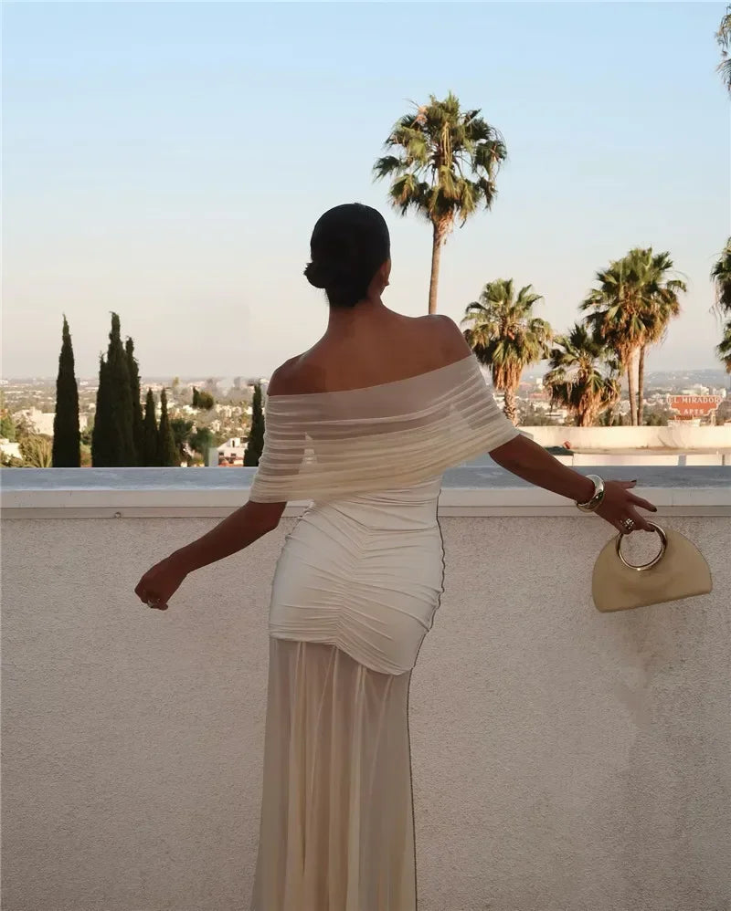 Off-Shoulder Mesh Maxi Dress LAPANIA