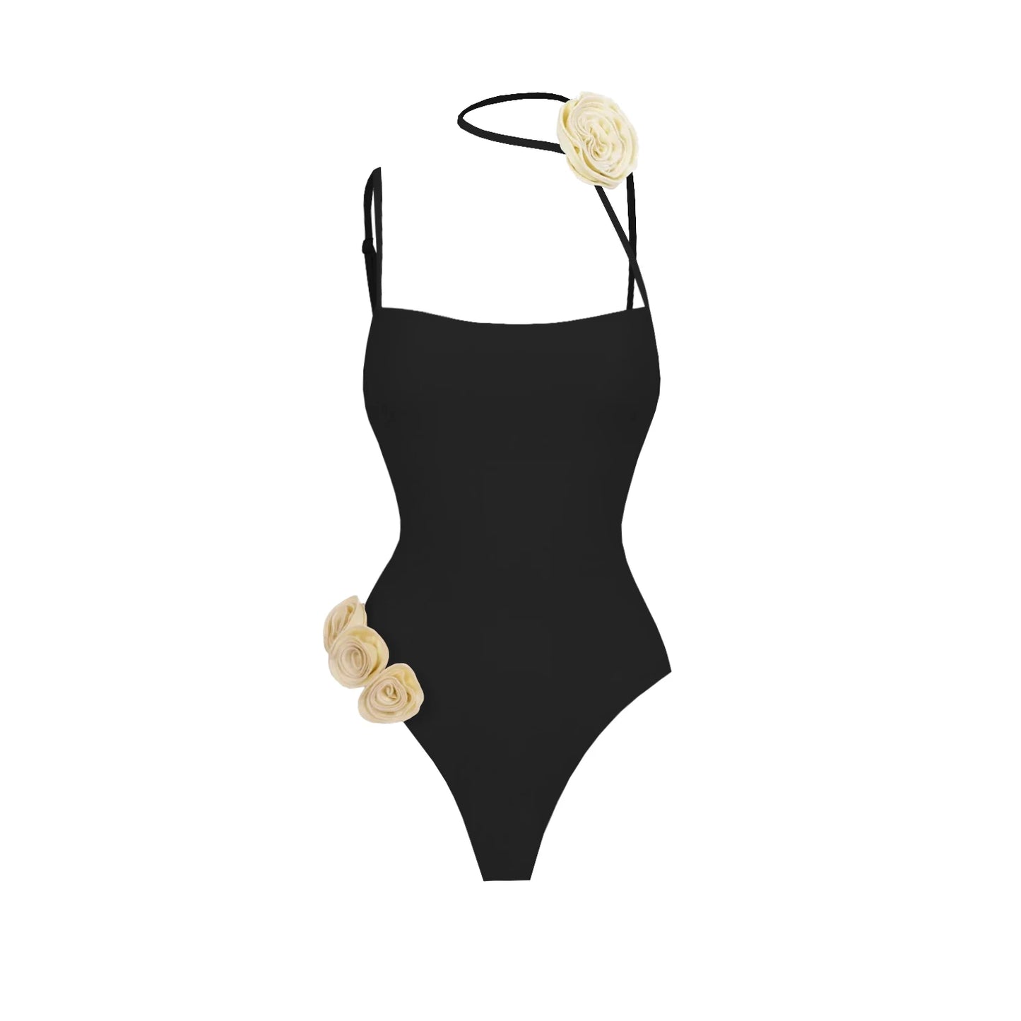 Floral Accent Swimsuit & Fringe Cover-Up Set – Black