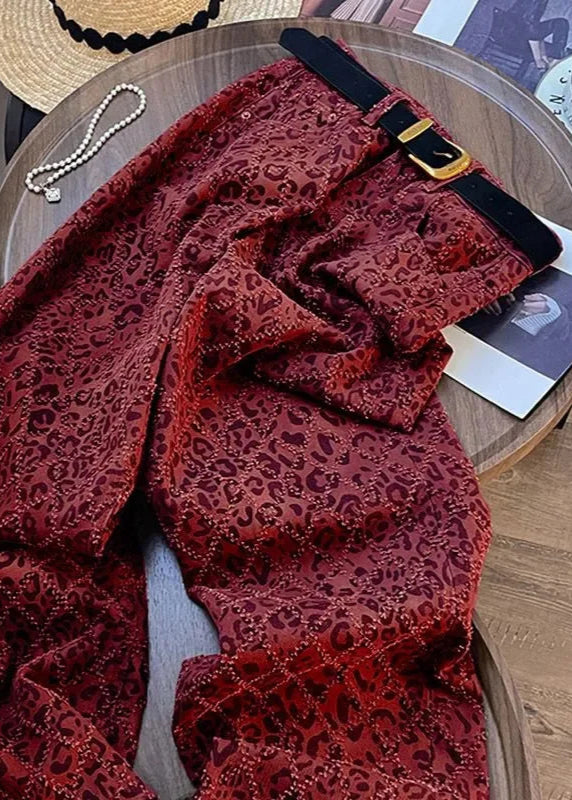 Burgundy Leopard Print Wide-Leg Jeans LAPANIA