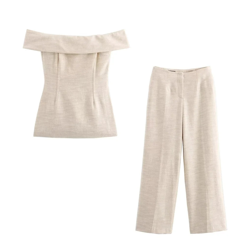 Sienna Beige High-Waist Straight-Leg Pants LAPANIA