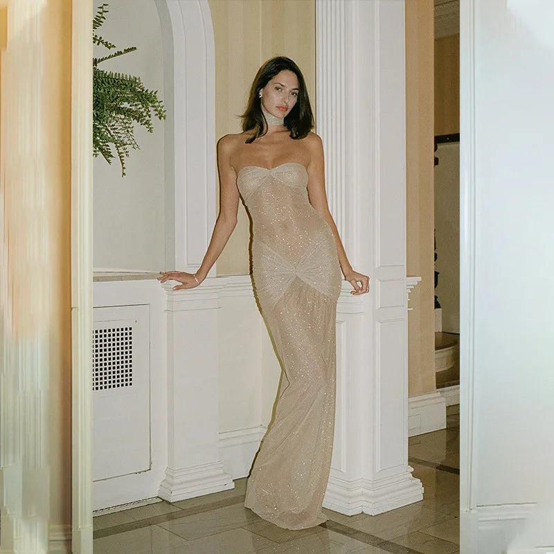 Strapless Shimmer Twist Maxi Dress LAPANIA