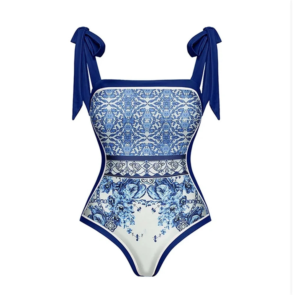 Blue Tile Print Swimsuit with Skirt Cover-Up