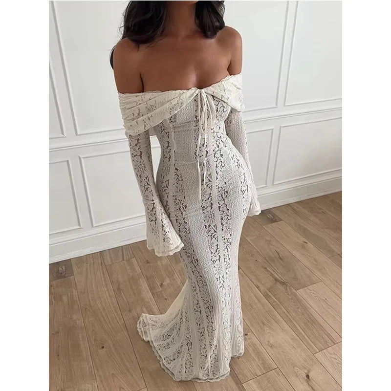 Off-Shoulder White Lace Maxi Dress