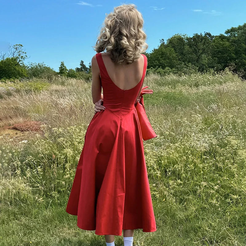 Red Pleated Long Dress with Wide Neckline LAPANIA