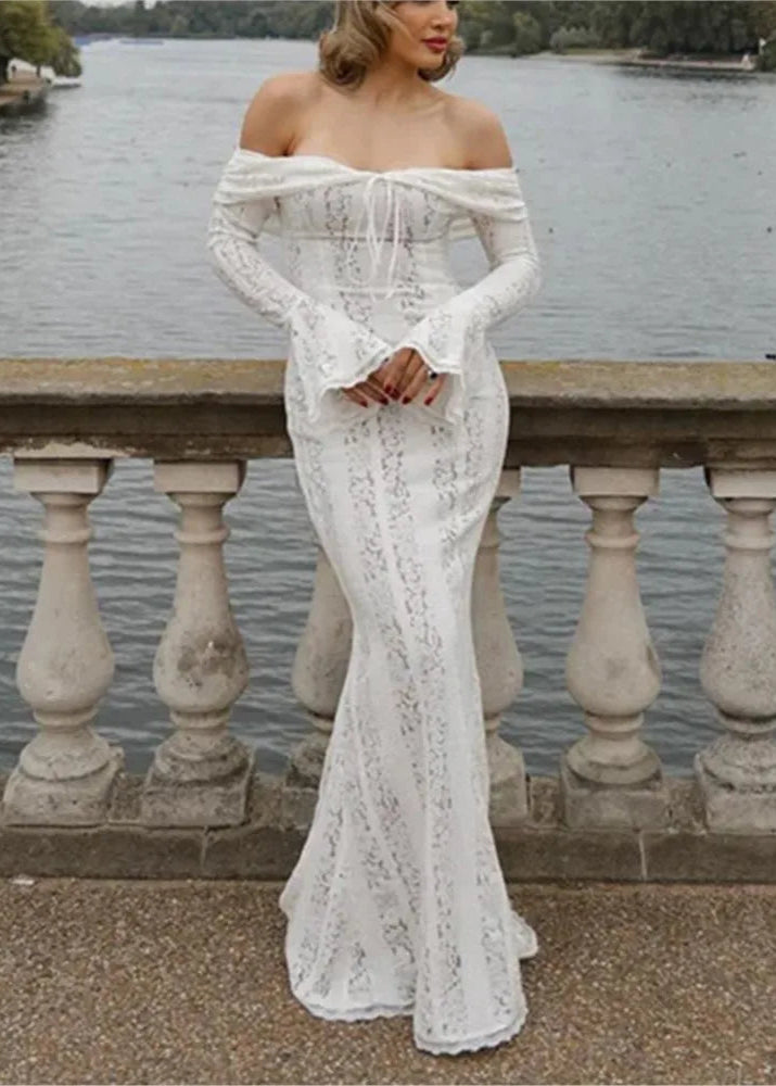 Off-Shoulder White Lace Maxi Dress