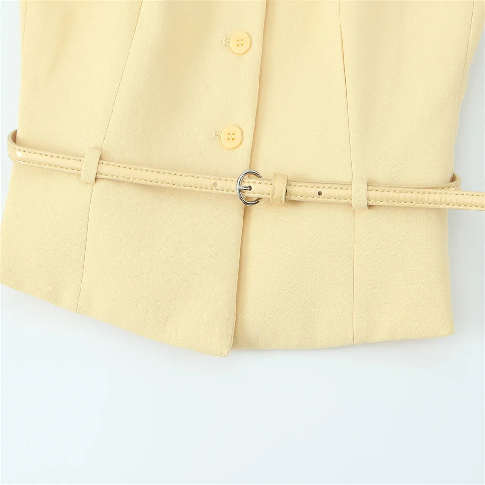 Yellow set belted vest and midi skirt LAPANIA