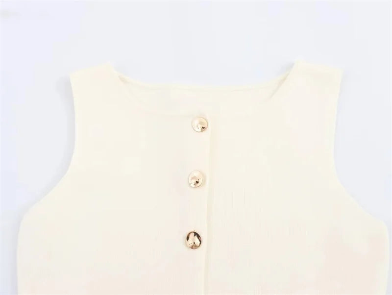 Beige Gold-Button Knitted Vest LAPANIA