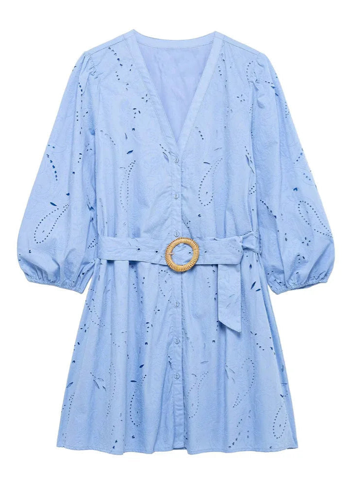 Blue V-Neck Embroidered Mini Dress LAPANIA