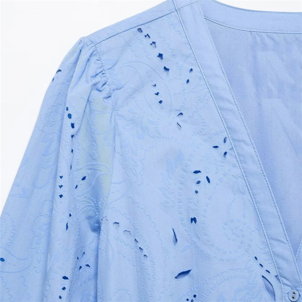 Blue V-Neck Embroidered Mini Dress LAPANIA
