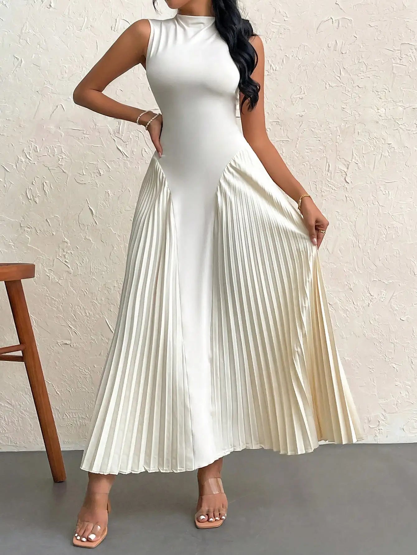 Cream White Pleated Waist Maxi Dress LAPANIA